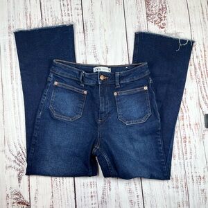 Zara Patch Pocket Dark Wash Ankle Stretchy Frayed Hem Jeans Size 4